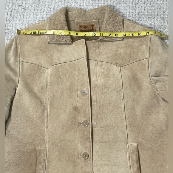 Vintage Esprit Suede Leather Sherpa Lined Button Up Coat Tan Size Large - Picture 12 of 14